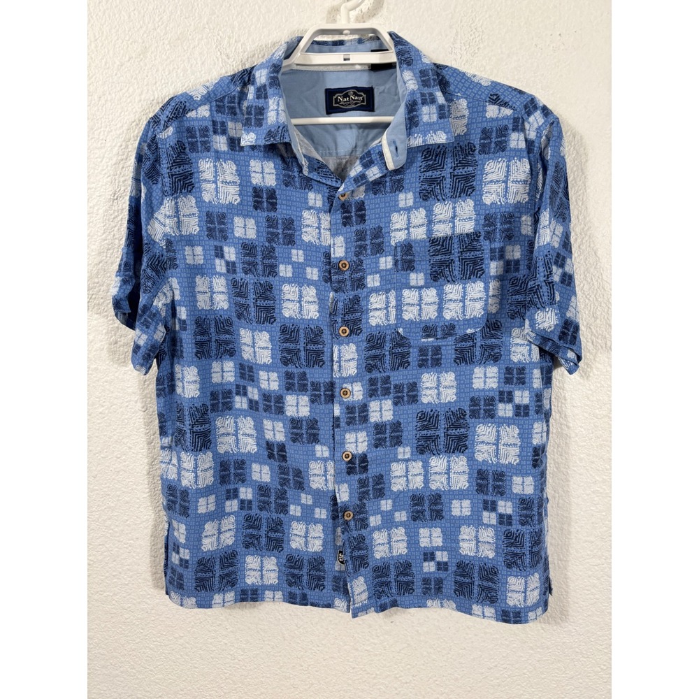 Nat Nast Button Up Shirt Mens L Blue Silk Cotton Geometric Short Sleeve